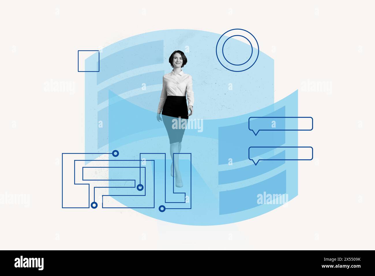 Grafica composita collage di interfaccia di colore blu diagramma statistiche pagina Web project manager giovane signora dito dito dito gesto mostra il risultato Foto Stock