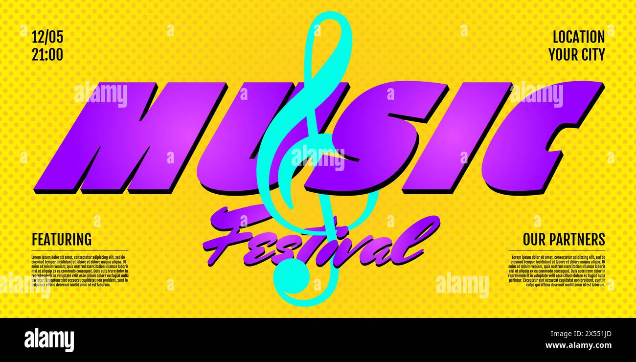 Musica dal vivo festival show banner orizzontale. Modello di design della copertina del volantino di invito. Acuti su sfondo giallo. Stampa pubblicitaria di concerti musicali. EPS Illustrazione Vettoriale