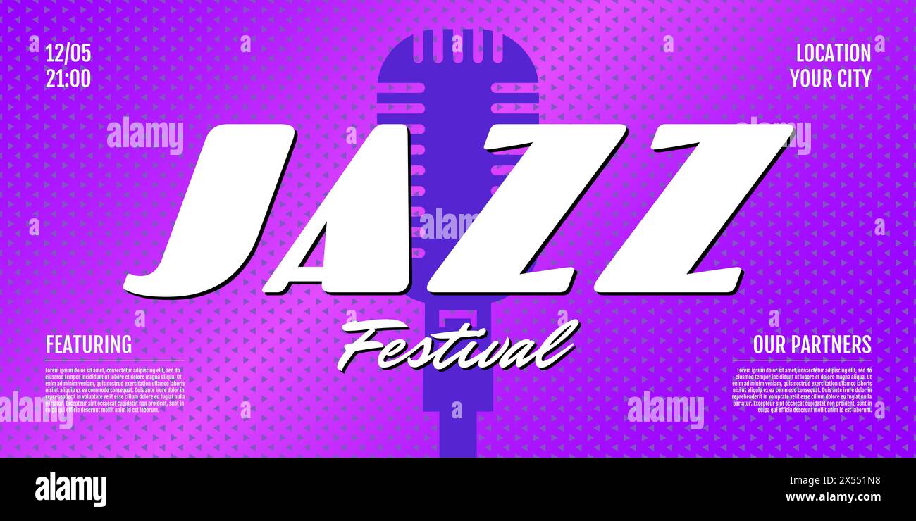 Musica per band jazz dal vivo festival show banner orizzontale. Modello di design della copertina del volantino di invito. Microfono retro su sfondo viola. Stampa pubblicitaria di concerti musicali. EPS Illustrazione Vettoriale