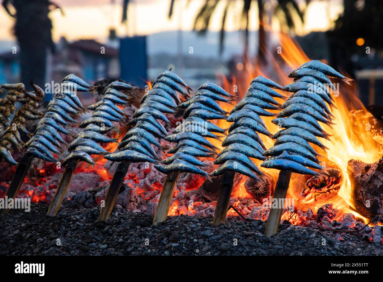 Le sardine vengono grigliate sul fuoco in modo tradizionale a Malaga Foto Stock