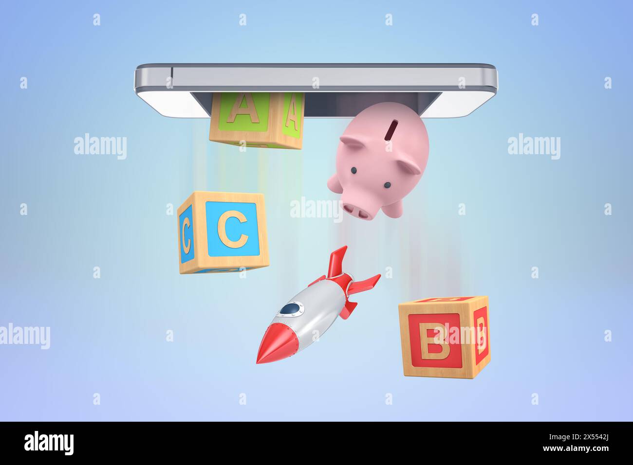 Lo schermo dello smartphone galleggia sugli elementi per bambini Foto Stock