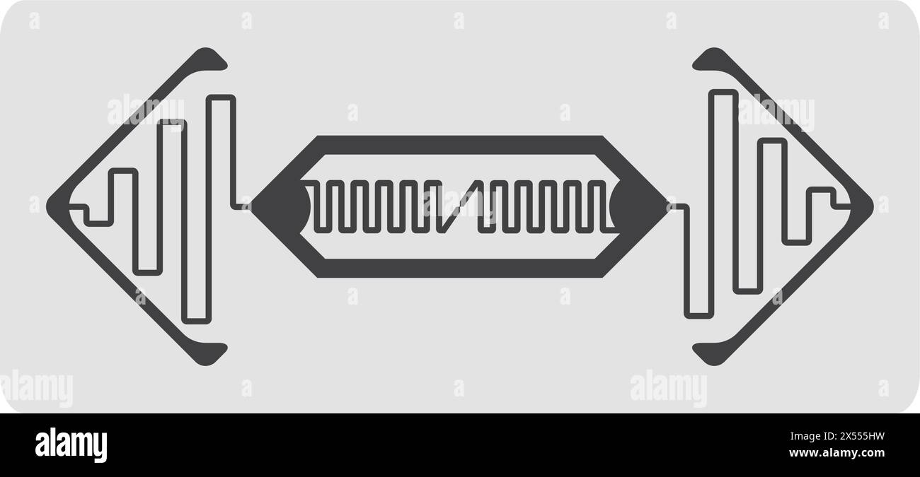 Tag RFID su pellicola adesiva con microchip semiconduttore e antenna a onda sinusoidale con antenne. Etichetta RFID flessibile. Illustrazione vettoriale Illustrazione Vettoriale