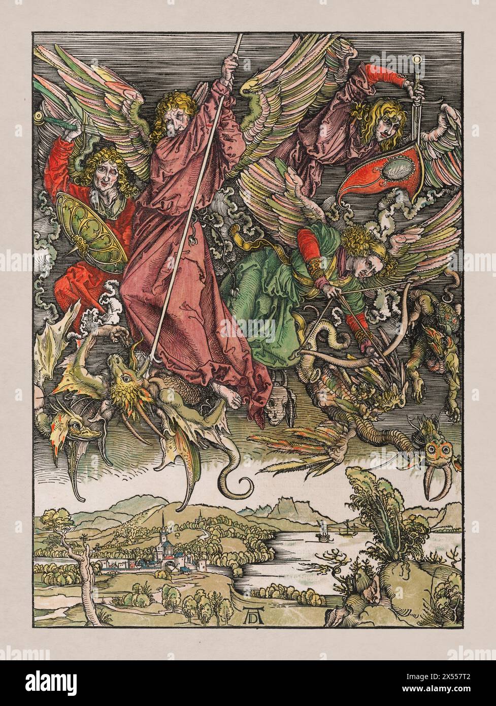 Illustrazione di San Michele che combatte il Drago disegnata da Albrecht Dürer nel 1498. Foto Stock