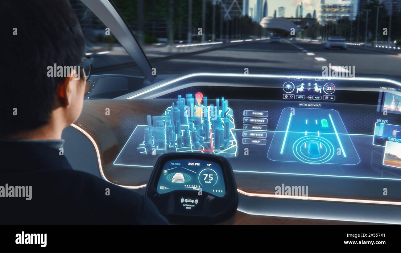 Concetto futuristico: Posizione elegante per un uomo d'affari su un'app di navigazione 3D interattiva su un cruscotto di realtà aumentata mentre si è seduti in un'auto elettrica autonoma a emissioni zero. Foto Stock