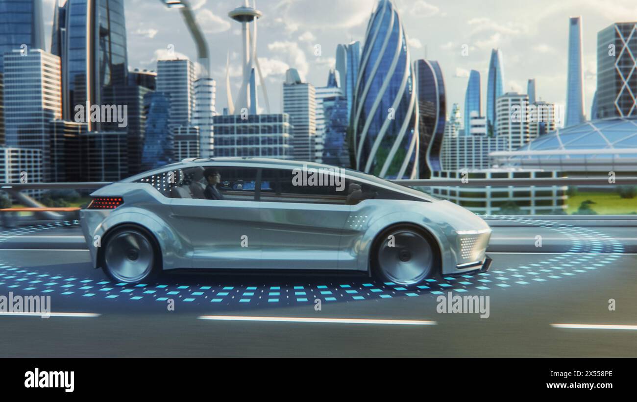 Concetto futuristico: Elegante uomo d'affari giapponese che guida sul sedile posteriore di un'auto elettrica autonoma a emissioni zero. Sta cavalcando sull'autostrada nella città del futuro. Foto Stock