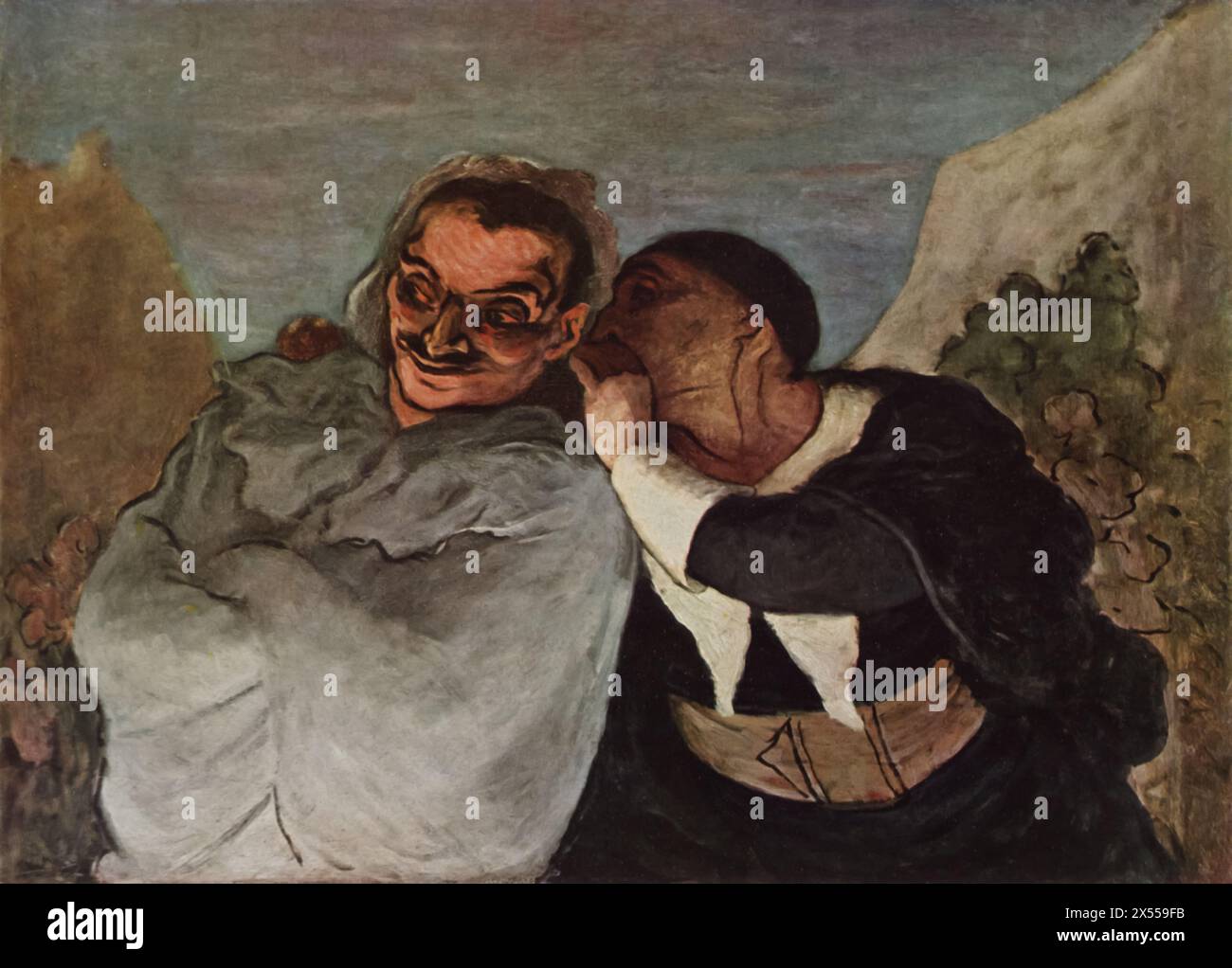 Crispin and Scapin' di Honoré Daumier, dipinto a metà del XIX secolo, ospitato al Museo del Louvre, Parigi, Francia. Questo dipinto raffigura i due abili servitori delle commedie di Molière, noti per le loro astuzie e maliziose buffonate. Il lavoro di Daumier spesso aveva un aspetto satirico, mostrando la sua capacità di trasmettere narrativa ed emozione in modo efficace attraverso la sua arte. Foto Stock