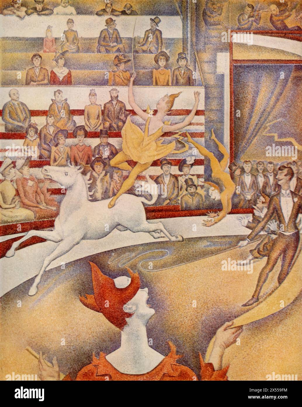 Il Circo di Georges Seurat, dipinto nel 1891, ospitato al Museo del Louvre, Parigi, Francia. Questo dipinto dinamico cattura una vivace scena circense, con artisti in azione. Seurat, noto per la sua tecnica pionieristica del puntinismo, applica piccoli punti di colore distinti che si fondono visivamente per creare scene vivide e luminose. Foto Stock