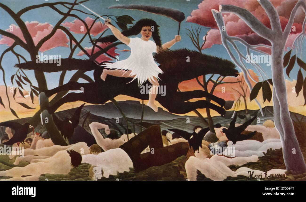 War' di Henri Rousseau, dipinto nel 1894, ospitato al Museo del Louvre, Parigi, Francia. Questo dipinto, noto anche come "la Guerre", rappresenta l'approccio di Rousseau al tema del conflitto. A differenza delle sue tipiche scene nella giungla, questo lavoro raffigura un paesaggio più cupo e drammatico, illustrando gli orrori e il caos della guerra. Foto Stock