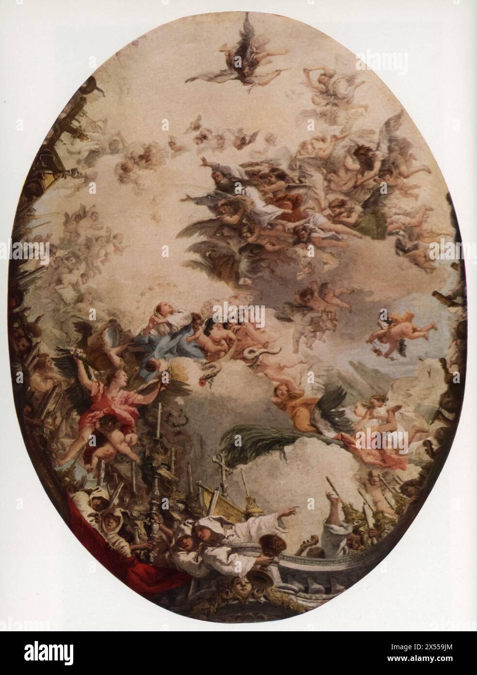 Il Trionfo della religione di Giambattista Tiepolo, datato XVIII secolo, ospitato al Museo del Louvre di Parigi, Francia. Questo dipinto di Tiepolo, figura di spicco del rococò veneziano, raffigura una scena allegorica che celebra il potere e la gloria della religione. Foto Stock