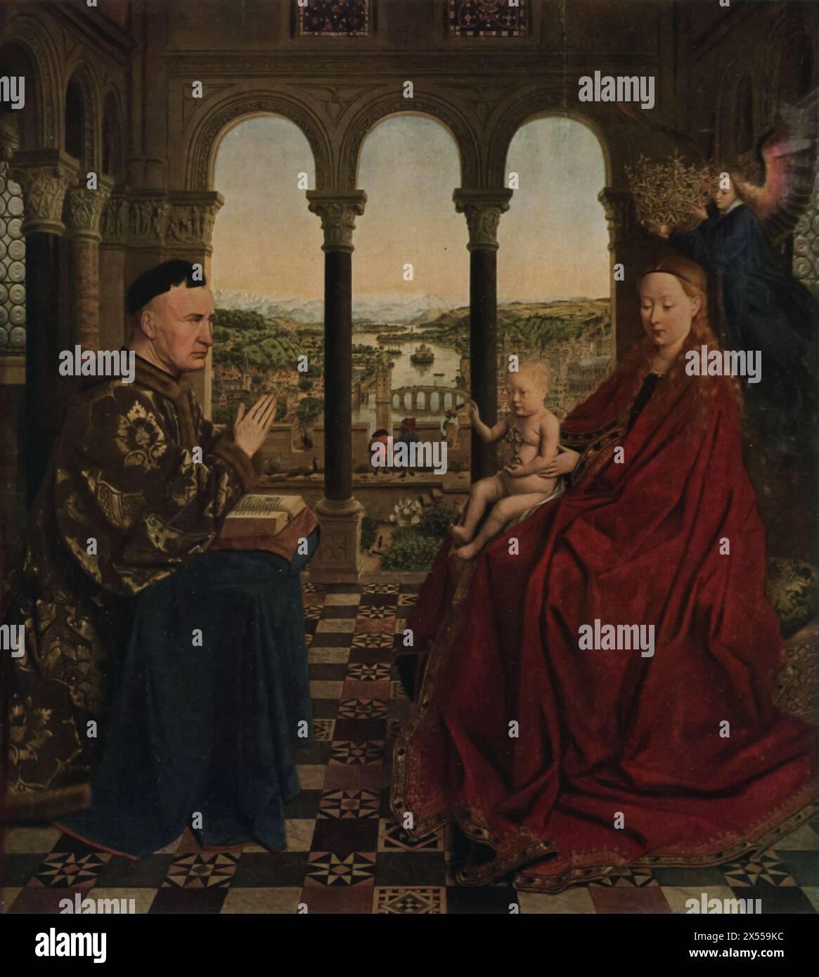 La Vergine e Cancelliere Rolin' di Jan van Eyck, dipinta nel 1433, ospitata al Museo del Louvre di Parigi, Francia. Questo dipinto è rinomato per la sua intricata rappresentazione del Cancelliere Nicolas Rolin e della Vergine Maria in un ambiente decorato. Il complesso paesaggio visibile attraverso la finestra mostra l'attenzione del Rinascimento settentrionale sul realismo e sulla profondità. Foto Stock