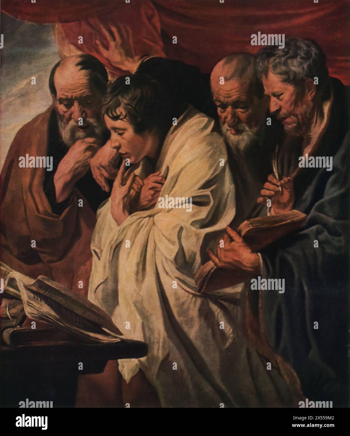 I quattro evangelisti di Jacob Jordaens, datati intorno al 1620, ospitati al Museo del Louvre, Parigi, Francia. Questo dipinto ritrae i quattro evangelisti - Matteo, Marco, Luca e Giovanni - ciascuno accompagnato dalle loro creature simboliche tradizionali. L'opera riflette l'enfasi dell'era barocca sull'espressione drammatica e l'approccio umanistico ai soggetti religiosi. Foto Stock I quattro evangelisti di Jacob Jordaens, datati intorno al 1620, ospitati al Museo del Louvre, Parigi, Francia. Questo dipinto ritrae i quattro evangelisti - Matteo, Marco, Luca e Giovanni - ciascuno accompagnato dalle loro creature simboliche tradizionali. L'opera riflette l'enfasi dell'era barocca sull'espressione drammatica e l'approccio umanistico ai soggetti religiosi. Foto Stock