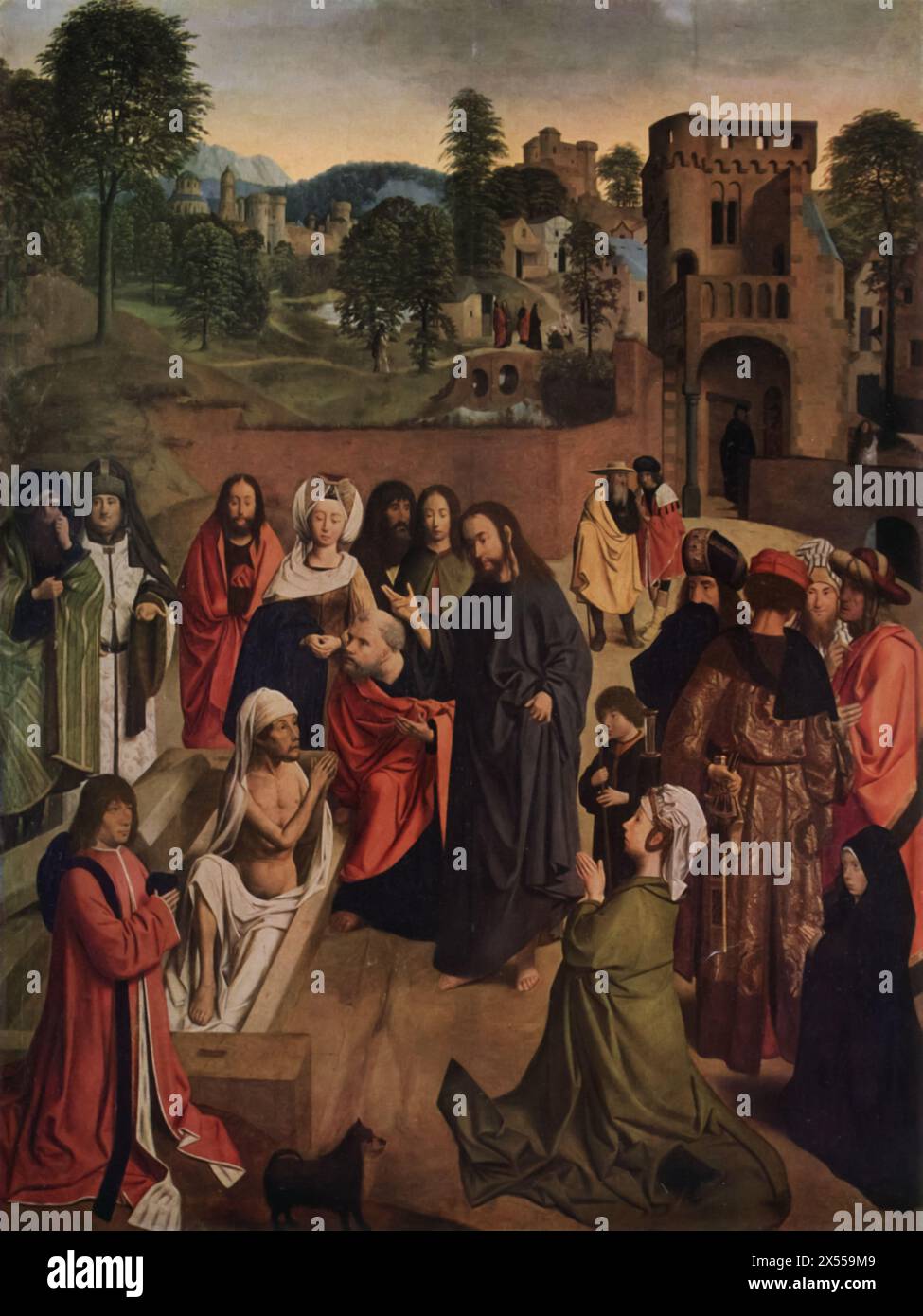 La Resurrezione di Lazzaro di Geertgen tot Sint Jans, datata XV secolo, ospitata al Museo del Louvre, Parigi, Francia. Questo dipinto illustra il miracolo biblico in cui Gesù Cristo solleva Lazzaro dai morti, mostrando la capacità di Geertgen di catturare momenti religiosi profondi con profondità emotiva e intensità spirituale. Foto Stock