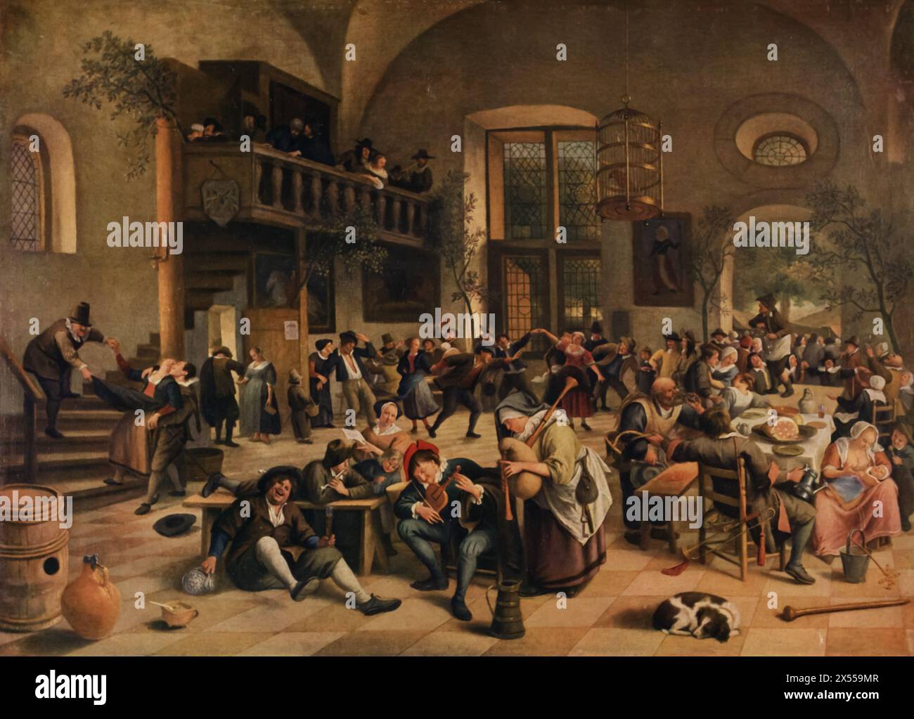 Celebration in a Tavern' di Jan Steen, dipinto nel 1674, ospitato al Museo del Louvre, Parigi, Francia. Questo dipinto raffigura una scena vivace all'interno di una taverna, caratteristica delle opere di genere di Steen che spesso ritraggono la vita quotidiana con umorismo. L'opera d'arte fornisce informazioni sui costumi sociali olandesi del XVII secolo e sulla capacità di Steen di immergere i suoi dipinti con energia e complessità narrativa. Foto Stock