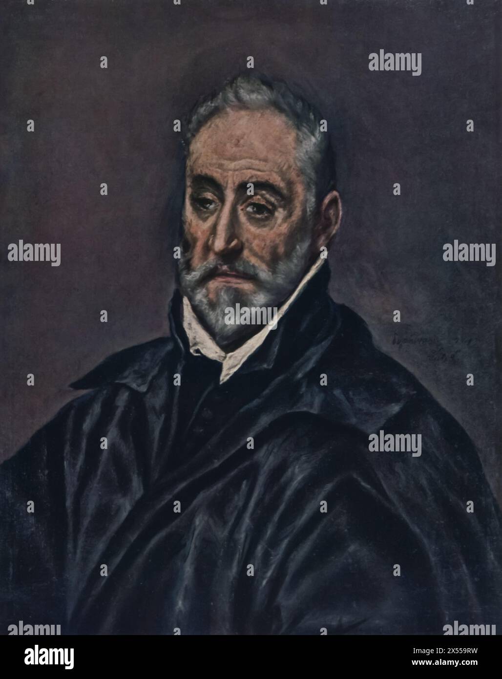 Ritratto di Covarrubias di El Greco, datato intorno al 1600, ospitato al Museo del Louvre, Parigi, Francia. El Greco, un maestro del Rinascimento spagnolo, raffigura Antonio de Covarrubias, un rispettato studioso e giurista di Toledo. Questo ritratto mostra lo sviluppo della ritrattistica nell'arte occidentale. Foto Stock