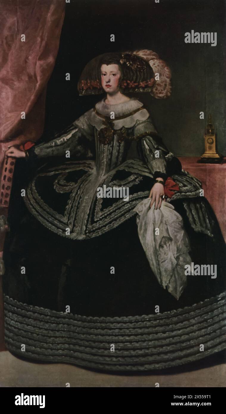 Ritratto della regina Mariana di Diego Velázquez, datato tra il 1652 e il 1653, conservato al Museo del Louvre, Parigi, Francia. Questo ritratto mostra la regina Mariana d'Austria, moglie del re Filippo IV di Spagna, raffigurata nell'abbigliamento formale dei reali spagnoli durante il periodo barocco. Foto Stock