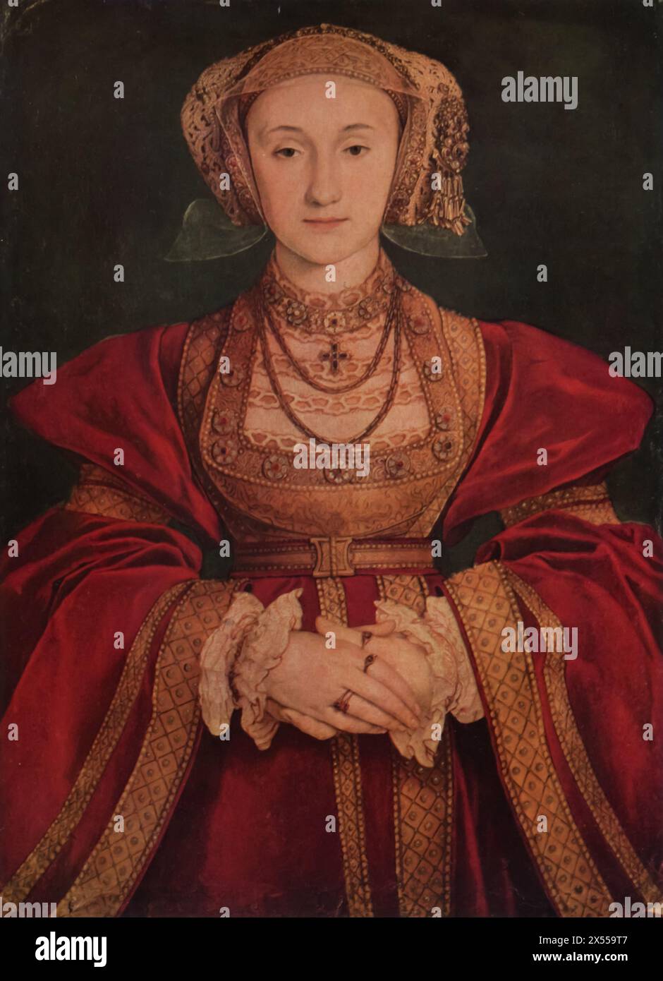 Anna di Cleves' di Hans Holbein il giovane, dipinta nel 1539. Ospitato al Museo del Louvre, Parigi, Francia. Questo ritratto, una delle opere significative di Holbein, raffigura Anna di Cleves, che fu per breve tempo la quarta moglie del re Enrico VIII d'Inghilterra. Foto Stock