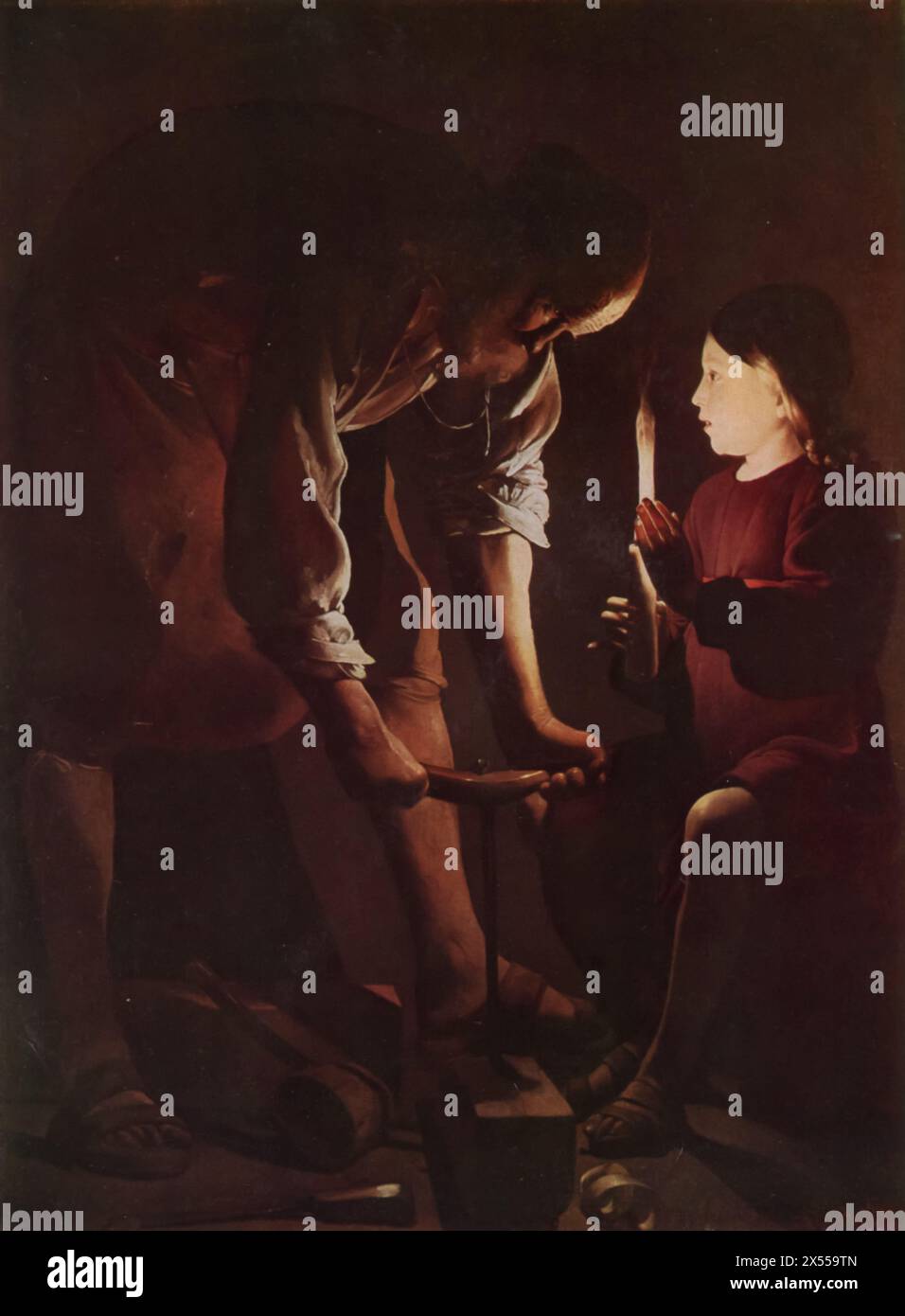 Saint Joseph il falegname di Georges de la Tour, dipinto intorno al 1645, ospitato al Museo del Louvre, Parigi, Francia. Questo dipinto è una delle opere più celebri di la Tour, raffigurante San Giuseppe che lavora come falegname con un giovane Gesù che osserva o assiste. Foto Stock