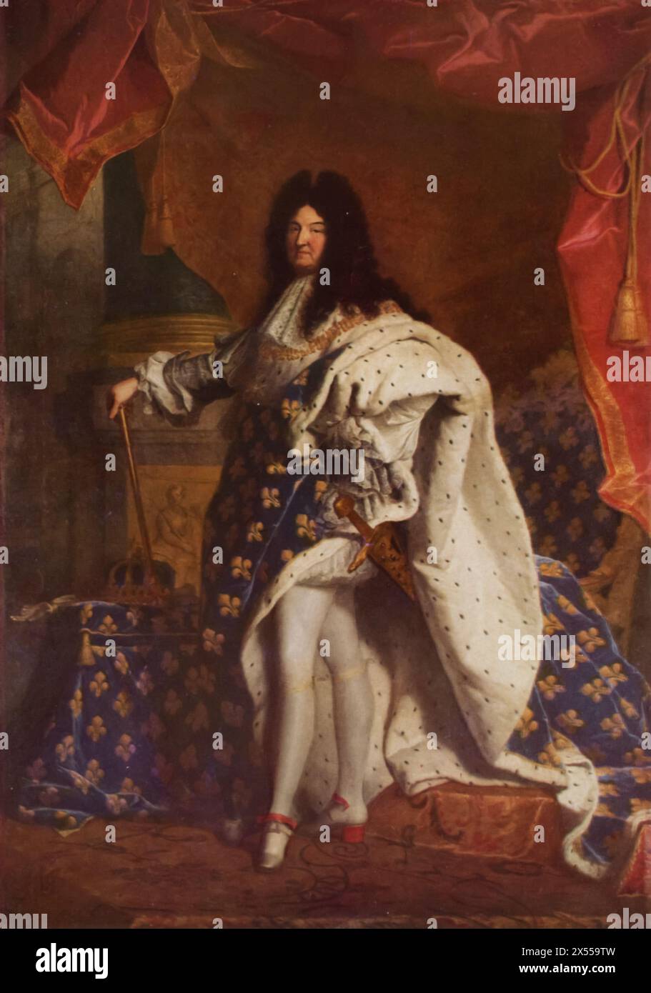 Ritratto di Luigi XIV di Hyacinthe Rigaud, dipinto nel 1701, conservato al Museo del Louvre, Parigi, Francia. Questo ritratto cattura la grandezza e l'autorità di re Luigi XIV, noto come il "Re Sole", durante l'apice del suo regno. Foto Stock