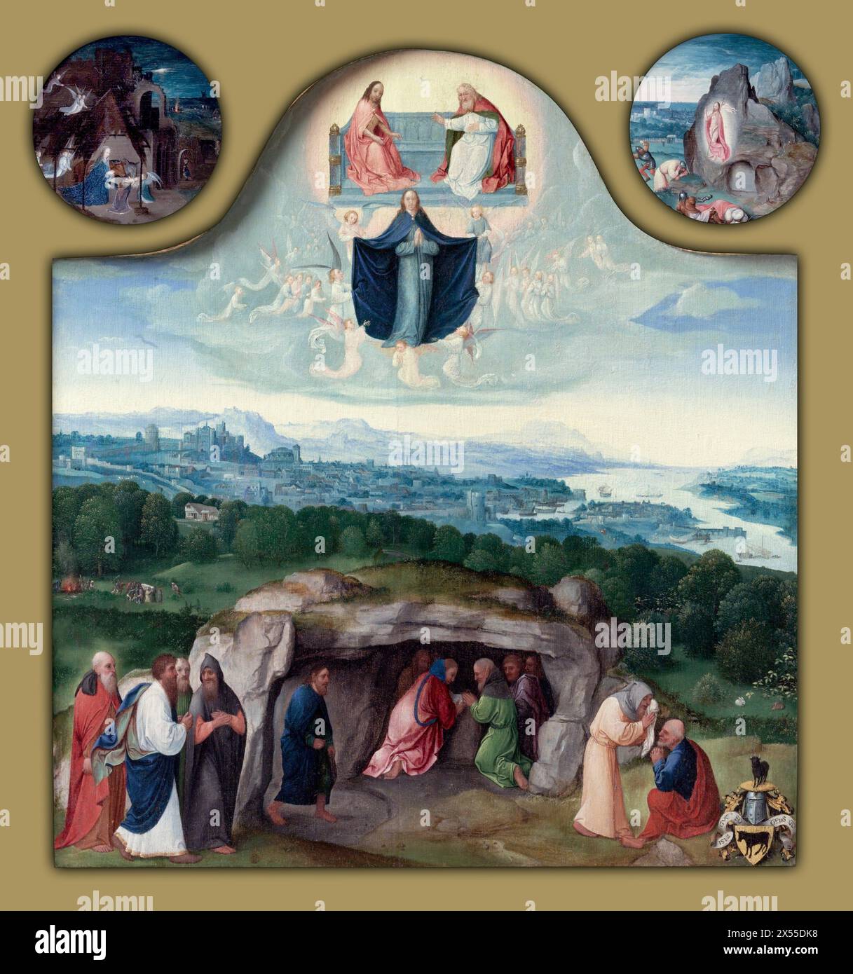 L'assunzione della Vergine, con la Natività, la Resurrezione, l'Adorazione dei Magi, l'Ascensione di Cristo, San Marco e un Angelo, e San Luca e un bue, c. 1510–20, olio su tavola, 62,28 x 58,7 cm (24,52 x 23,13 in), Philadelphia Museum of Art[5] Maggiori dettagli sull'assunzione della Vergine, con la Natività, la Resurrezione, l'Adorazione dei Magi, l'Ascensione di Cristo, San Marco e un Angelo, e San Luca e un bue, c. 1510–20, olio su tavola, 62,28 x 58,7 cm (24,52 x 23,13 in), Philadelphia Museum of Art [1] Joachim Patinir, fiammingo (attivo Anversa), c. 1485 - 152 Foto Stock