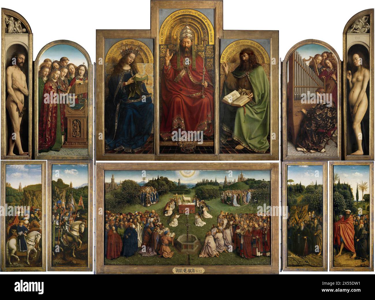 La pala d'altare di Gand, completata nel 1432 da Hubert e Jan van Eyck. Questo polittico e le ore Torino-Milano sono generalmente viste come le prime grandi opere del primo periodo fiammingo. Jan van Eyck Foto Stock