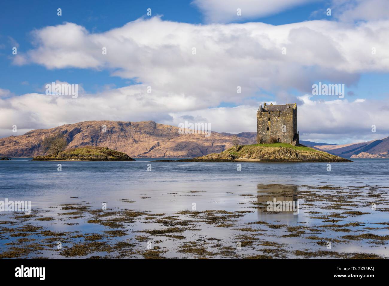 Castle Stalker su un isolotto di marea sul lago Laich vicino a Port Appin, Scozia. Primavera (marzo) 2024. Foto Stock