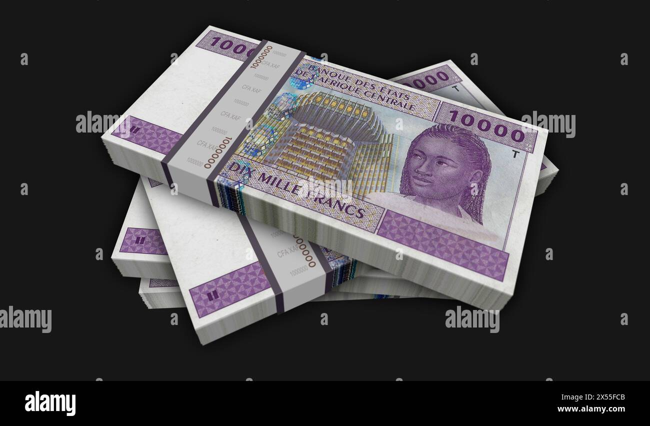 CFA Centrafricana denaro franco Camerun Ciad Congo Gabon pack illustrazione 3d. 10000 pile di banconote XAF. Concetto di finanza, economia, affari Foto Stock