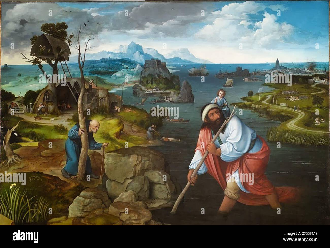 Paesaggio con San Cristoforo, c. 1520, olio su tavola, 125 cm x 170 cm (49,2 x 66,9 in), El Escorial, Monasterio de San Lorenzo, Spagna Joachim Patinir - Foto Stock