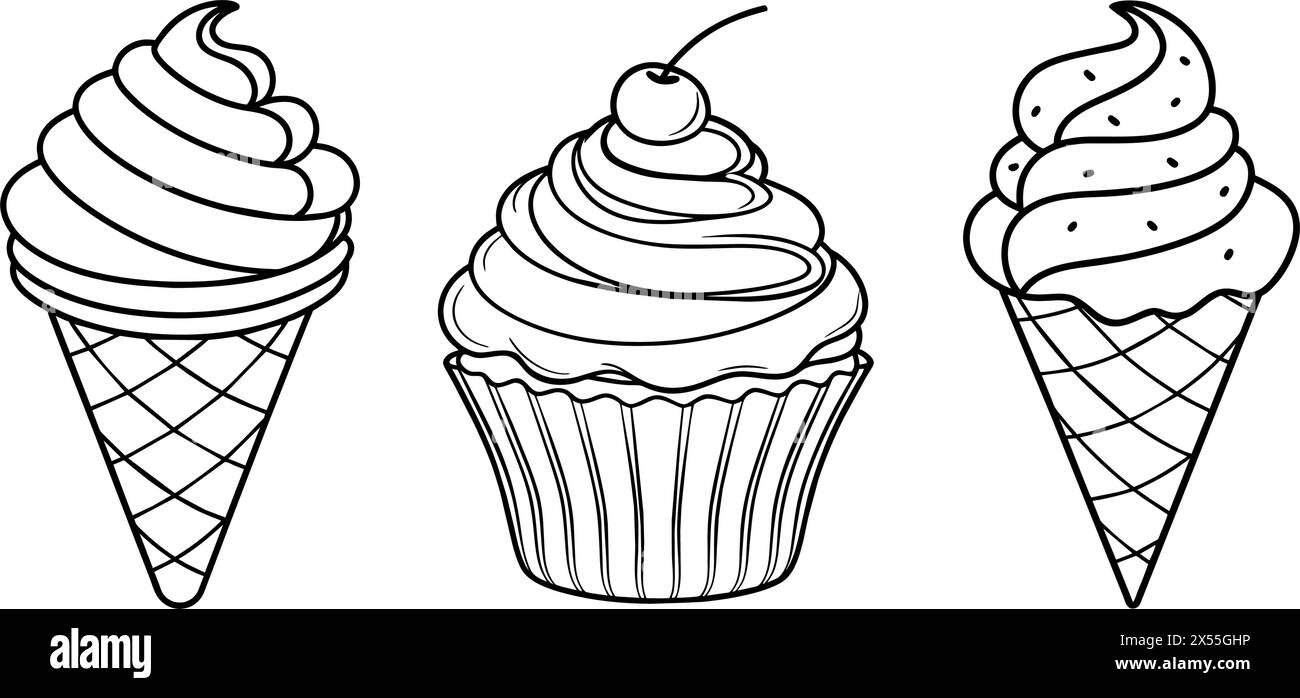 Coni di gelato dolce e illustrazione vettoriale cupcake per libro da colorare. Schizzo del contorno disegnato a mano Illustrazione Vettoriale