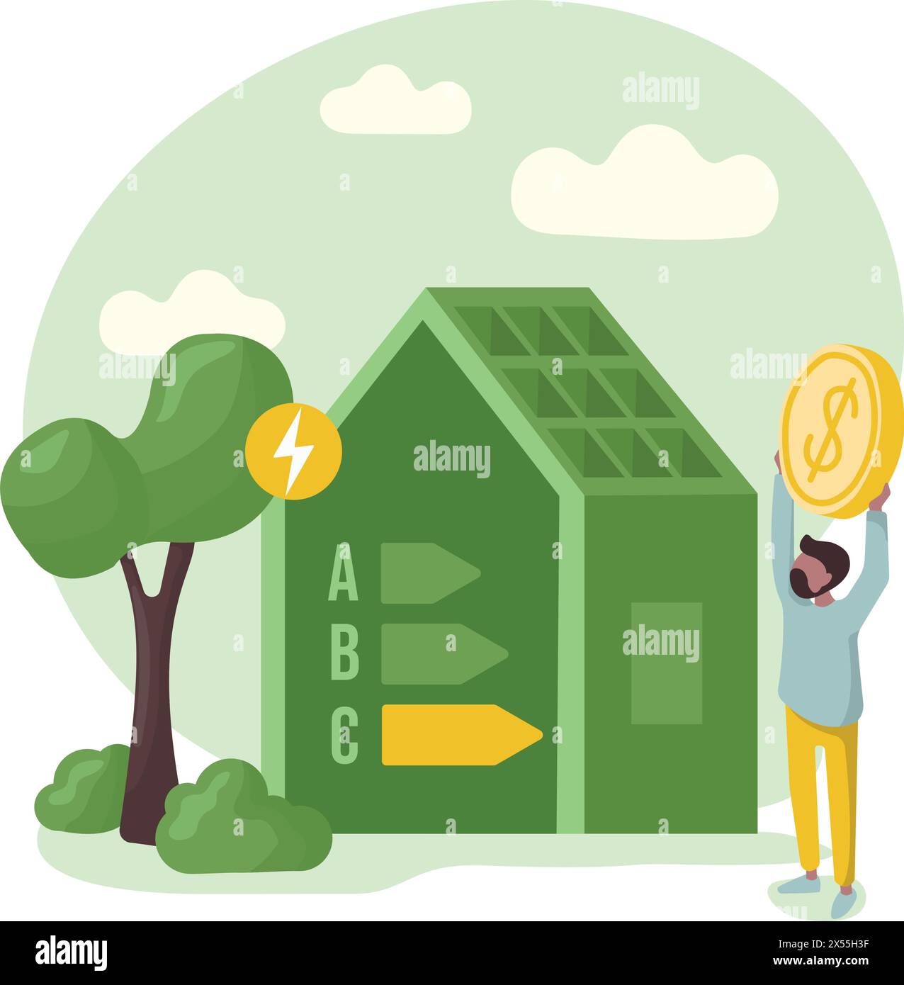 Illustrazione della sostenibilità in stile piatto. Efficienza energetica nelle famiglie e nell'industria. La persona controlla il misuratore di riscaldamento e calcola l'utenza domestica b Illustrazione Vettoriale