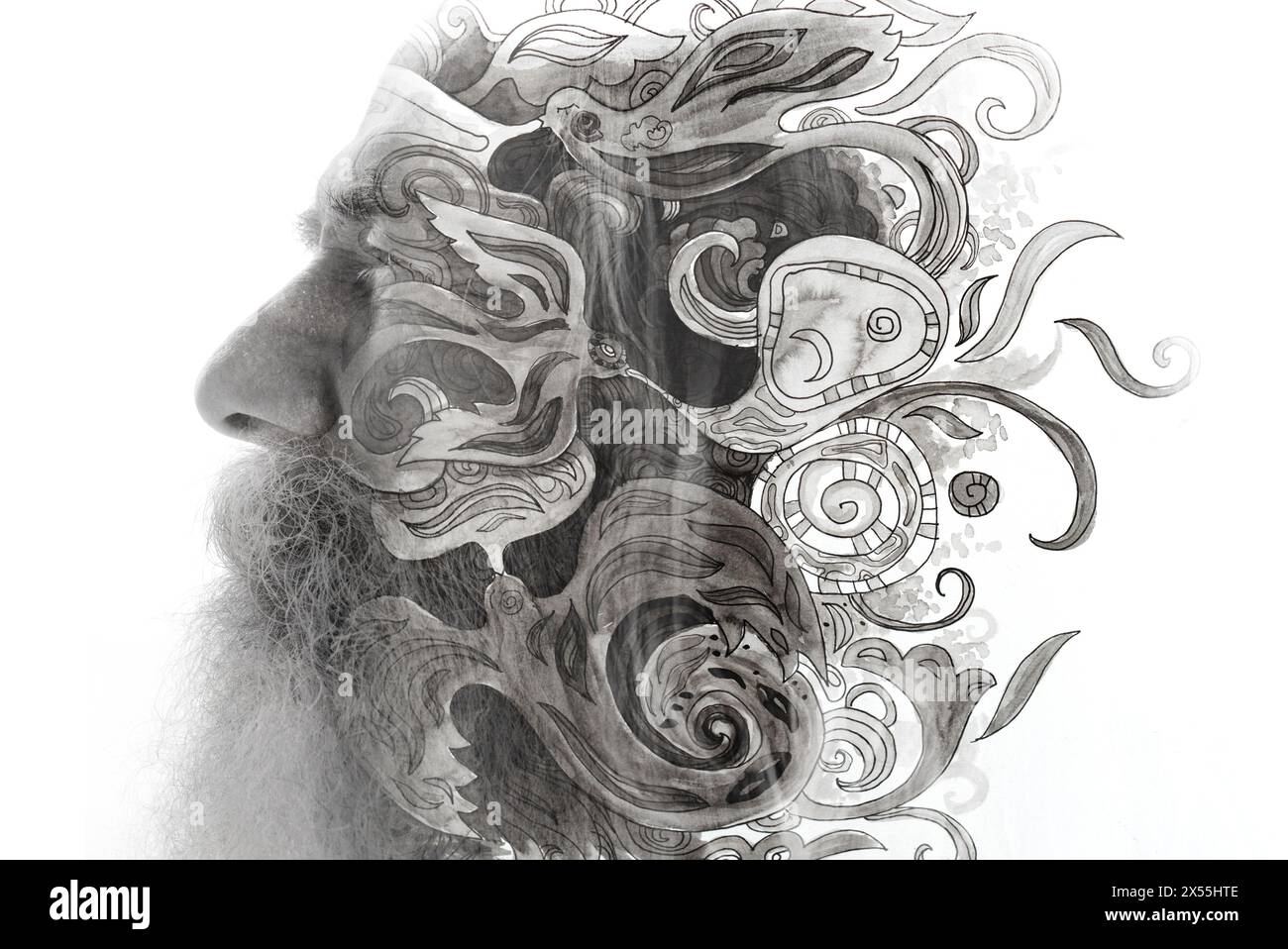 Un modello astratto si fonde con il profilo di un vecchio in una pittura Foto Stock