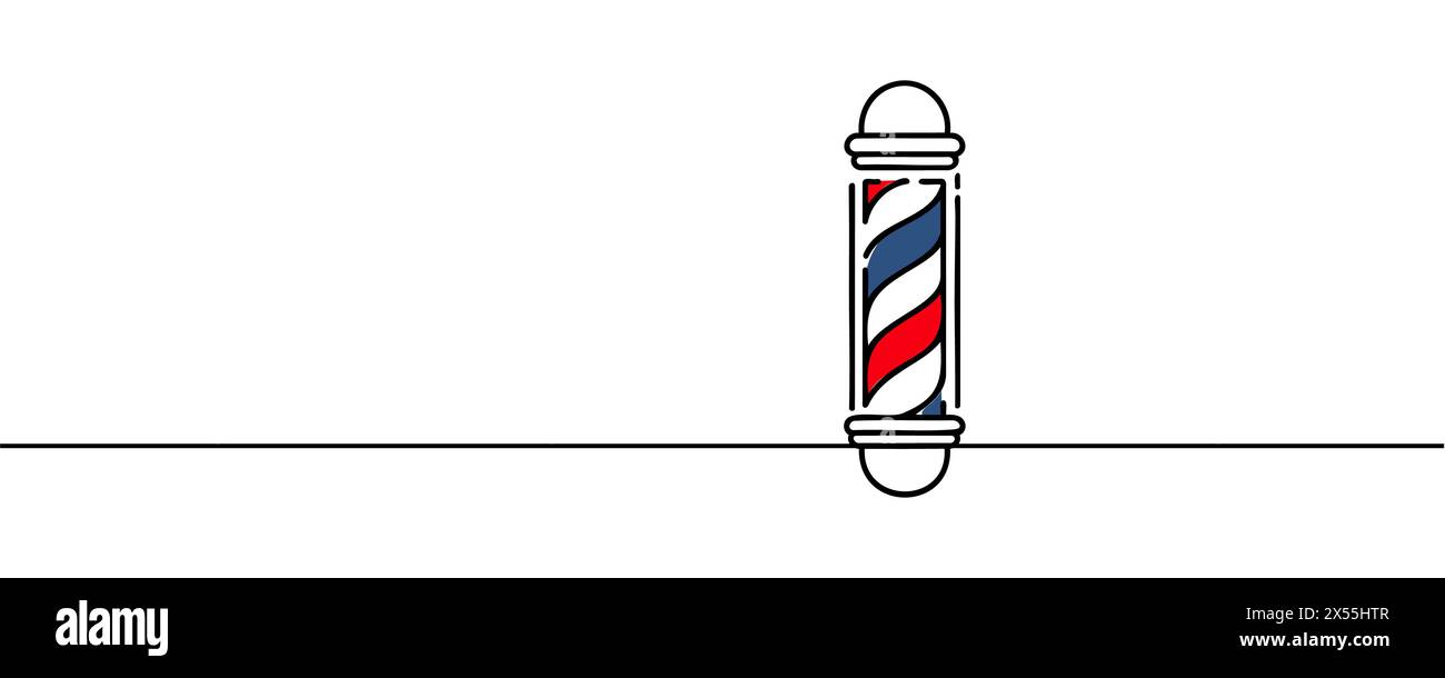 Barbiere con disegno continuo a una linea. Barbiere e attrezzi per parrucchieri con illustrazione continua su una linea. Illustrazione lineare vettoriale. Illustrazione Vettoriale