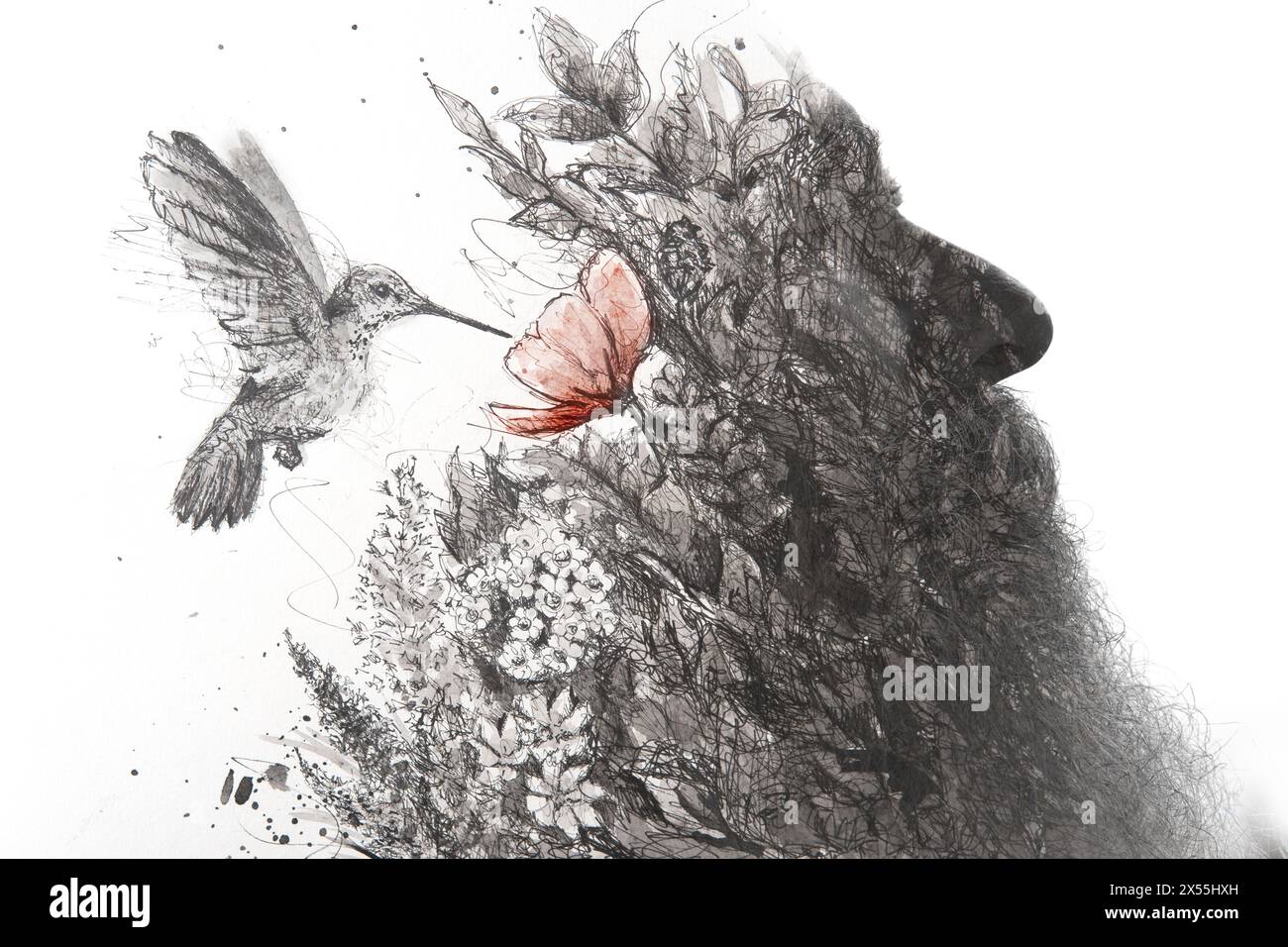 Un profilo pittorico di un uomo barbuto fuso con un dipinto colibri Foto Stock