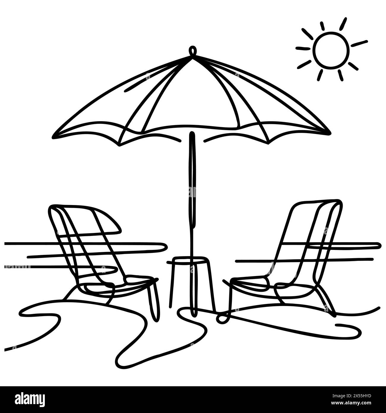 Ombrellone e due sedie in un disegno continuo. Illustrazione Vettoriale