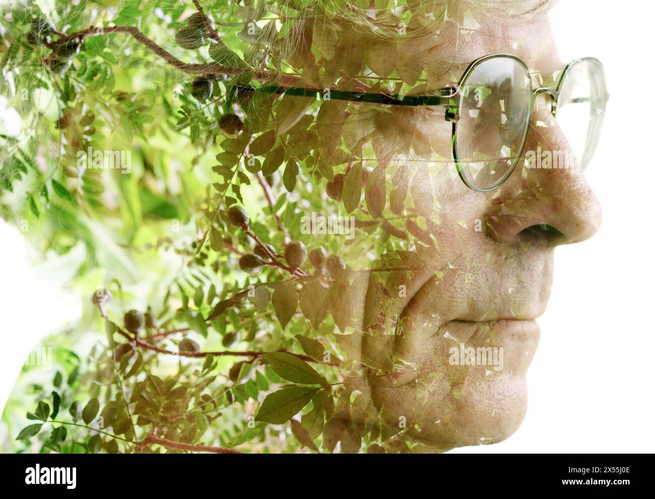 Un profilo a doppia esposizione di un uomo con occhiali Unito a una foto di pianta Foto Stock