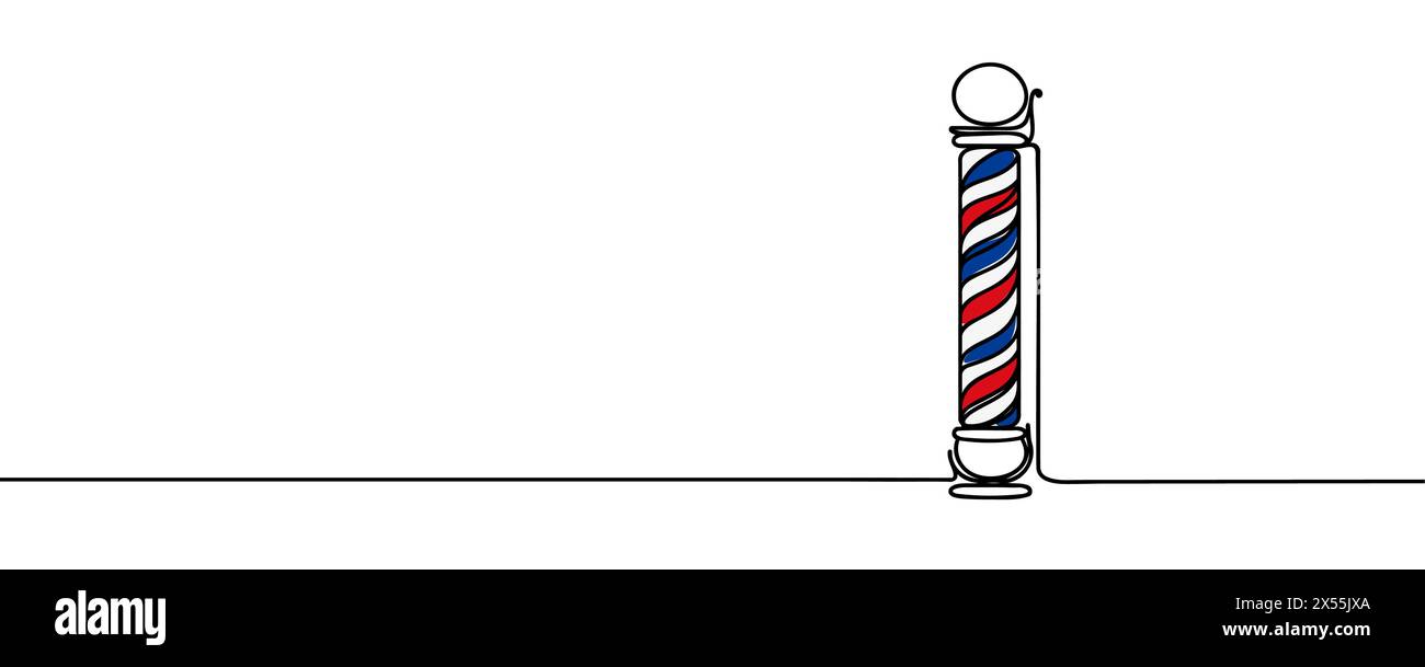 Barbiere con disegno continuo a una linea. Barbiere e attrezzi per parrucchieri con illustrazione continua su una linea. Illustrazione lineare vettoriale. Illustrazione Vettoriale