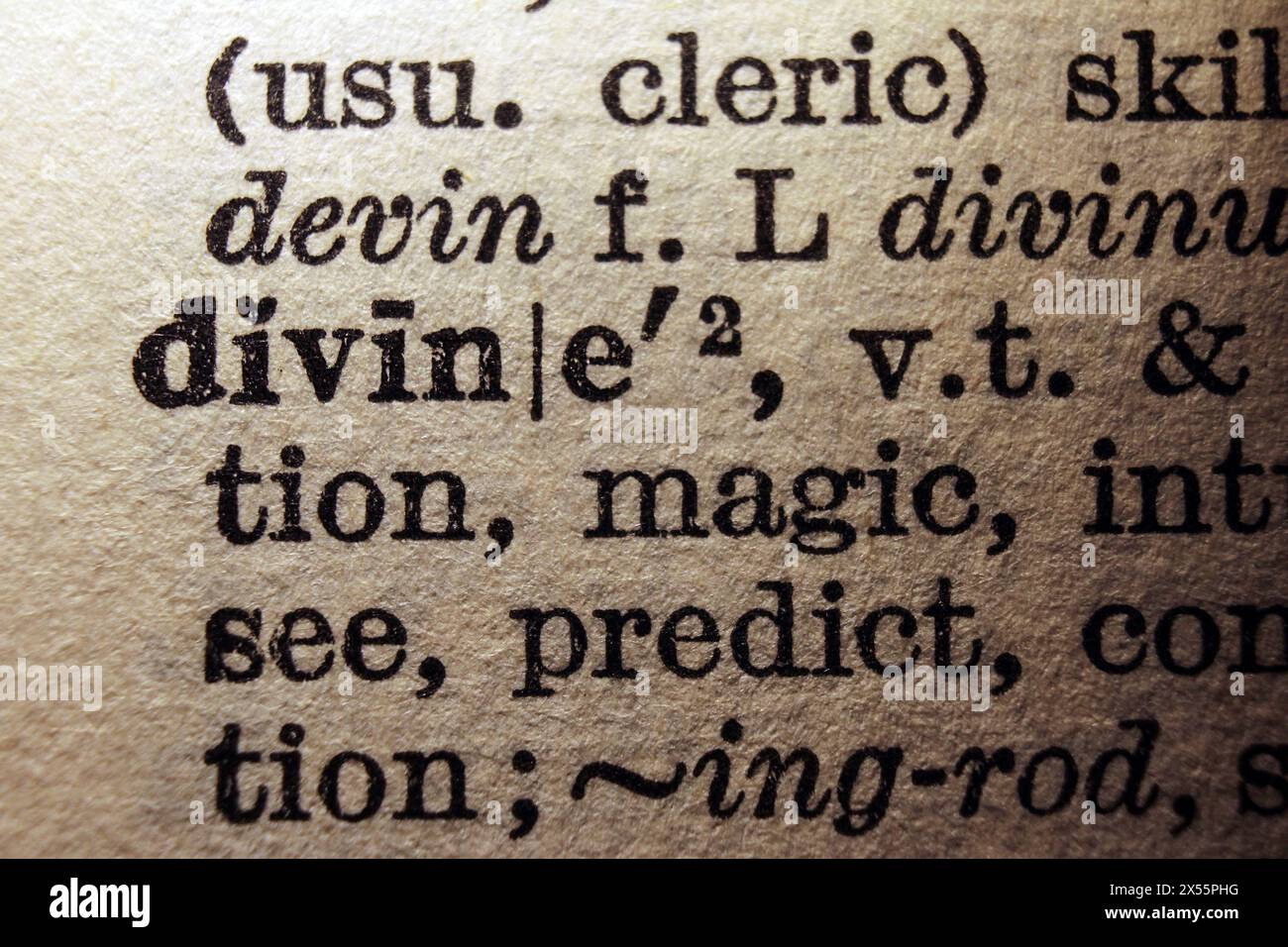 Divino della parola sulla pagina del dizionario, primo piano macro Foto Stock