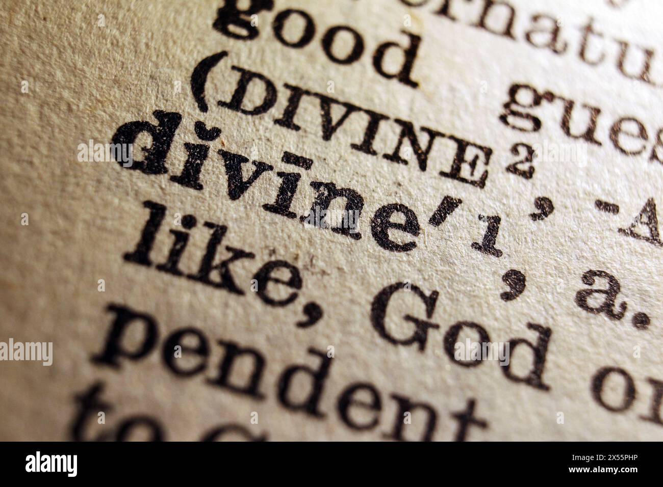 Divino della parola sulla pagina del dizionario, primo piano macro Foto Stock