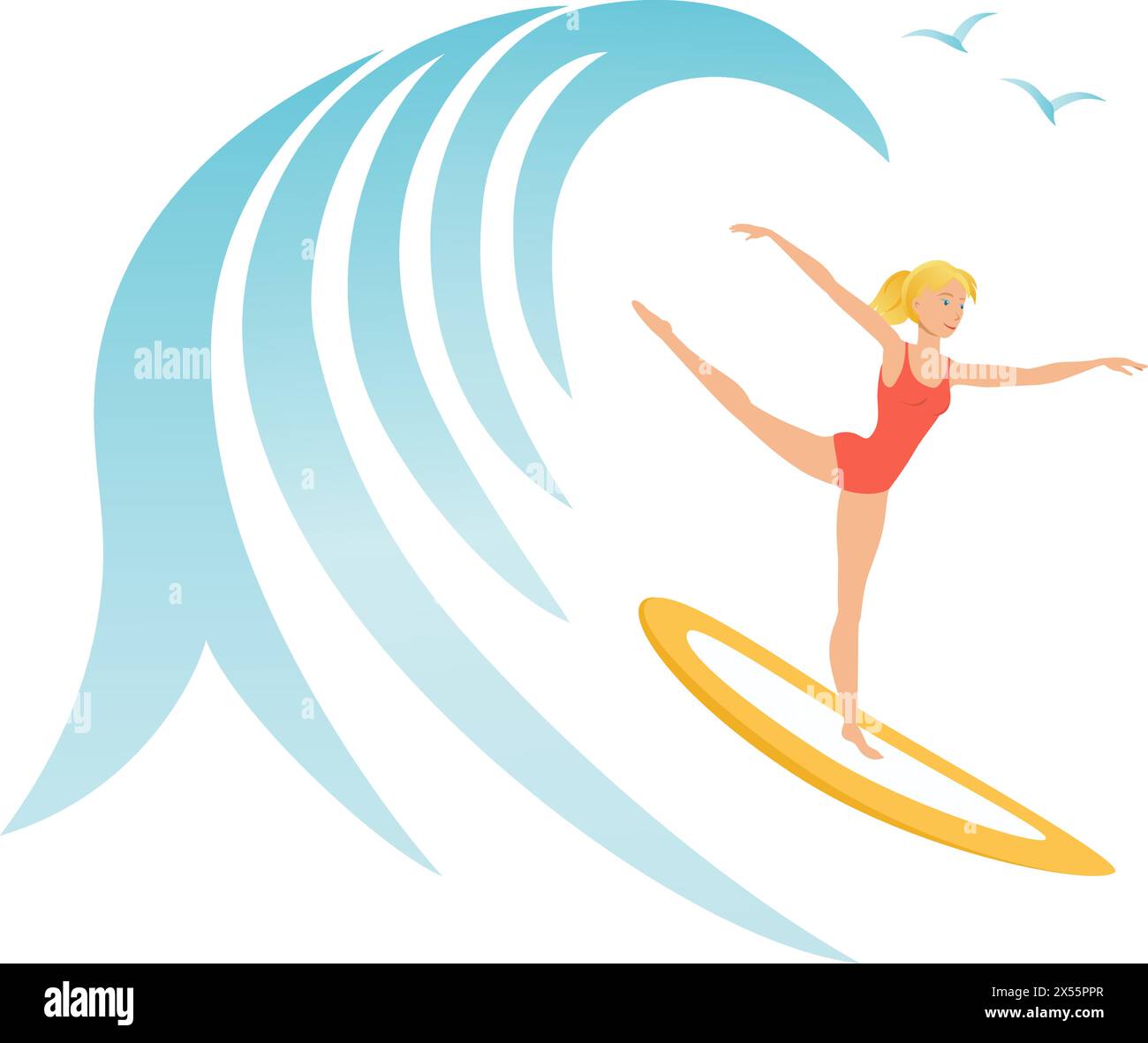 Balletto di danza femminile su una tavola da surf che cavalca una grande onda. Illustrazione Vettoriale