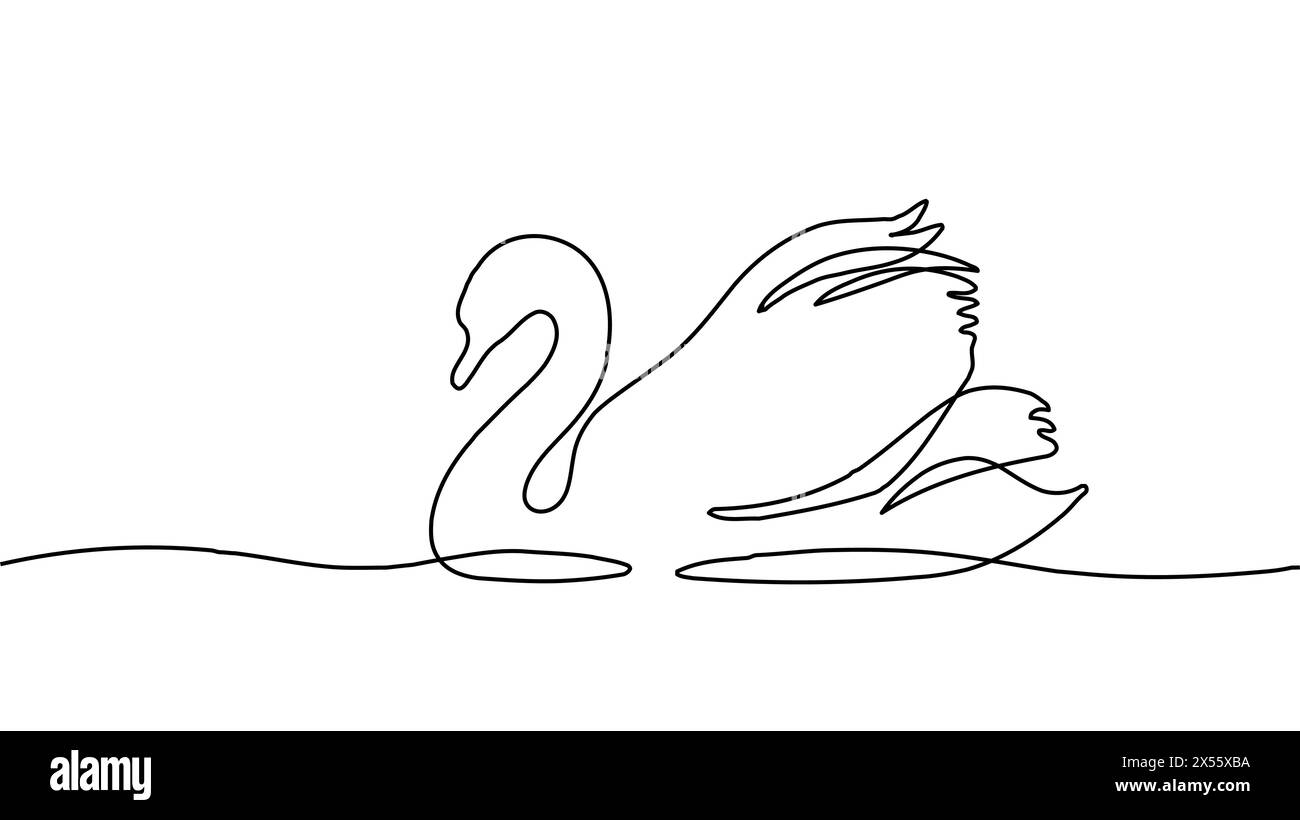 Un uccello cigno a linea continua sulla superficie dell'acqua in stile disegno in linea. Schizzo lineare con inchiostro nero. Stampare l'illustrazione vettoriale in bianco e nero del contorno del cigno Illustrazione Vettoriale