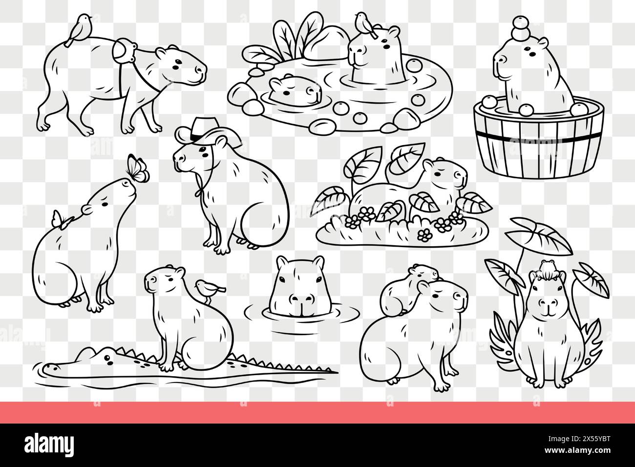 L'animale di Copybara siede sull'erba e nuota nel fiume o cavalca coccodrillo. Il 10 luglio è pronto per una giornata di copibara con animali divertenti maiali marini che vivono in una zona tropicale paludosa. Scarabocchio disegnato a mano Illustrazione Vettoriale