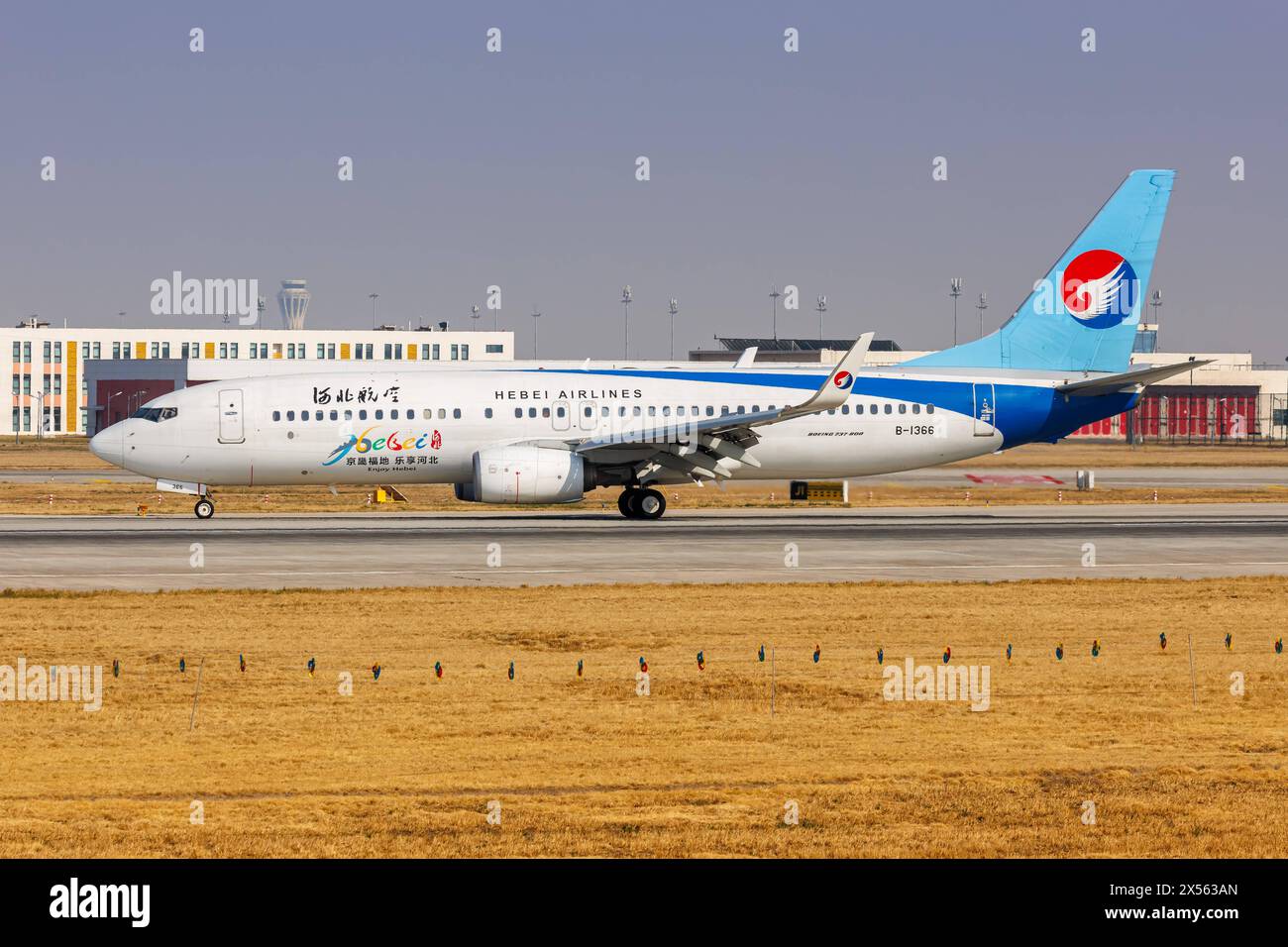 Hebei Airlines Boeing 737-800 Flugzeug Flughafen Daxing a Pechino, Cina Pechino, Cina - 31. März 2024: Ein Boeing 737-800 Flugzeug der Hebei Airlines mit dem Kennzeichen B-1366 auf dem Flughafen Daxing PKX a Pechino, Cina. *** Hebei Airlines Boeing 737 800 Aircraft Daxing Airport a Pechino, Cina Pechino, Cina 31 marzo 2024 Un aeromobile Hebei Airlines Boeing 737 800 con numero di registrazione B 1366 presso l'aeroporto PKX di Daxing a Pechino, Cina Foto Stock