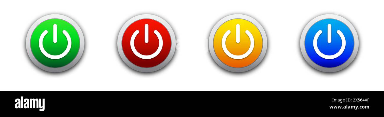 Set di icone di alimentazione. Pulsanti colorati con ombre. Illustrazione vettoriale piatta Illustrazione Vettoriale