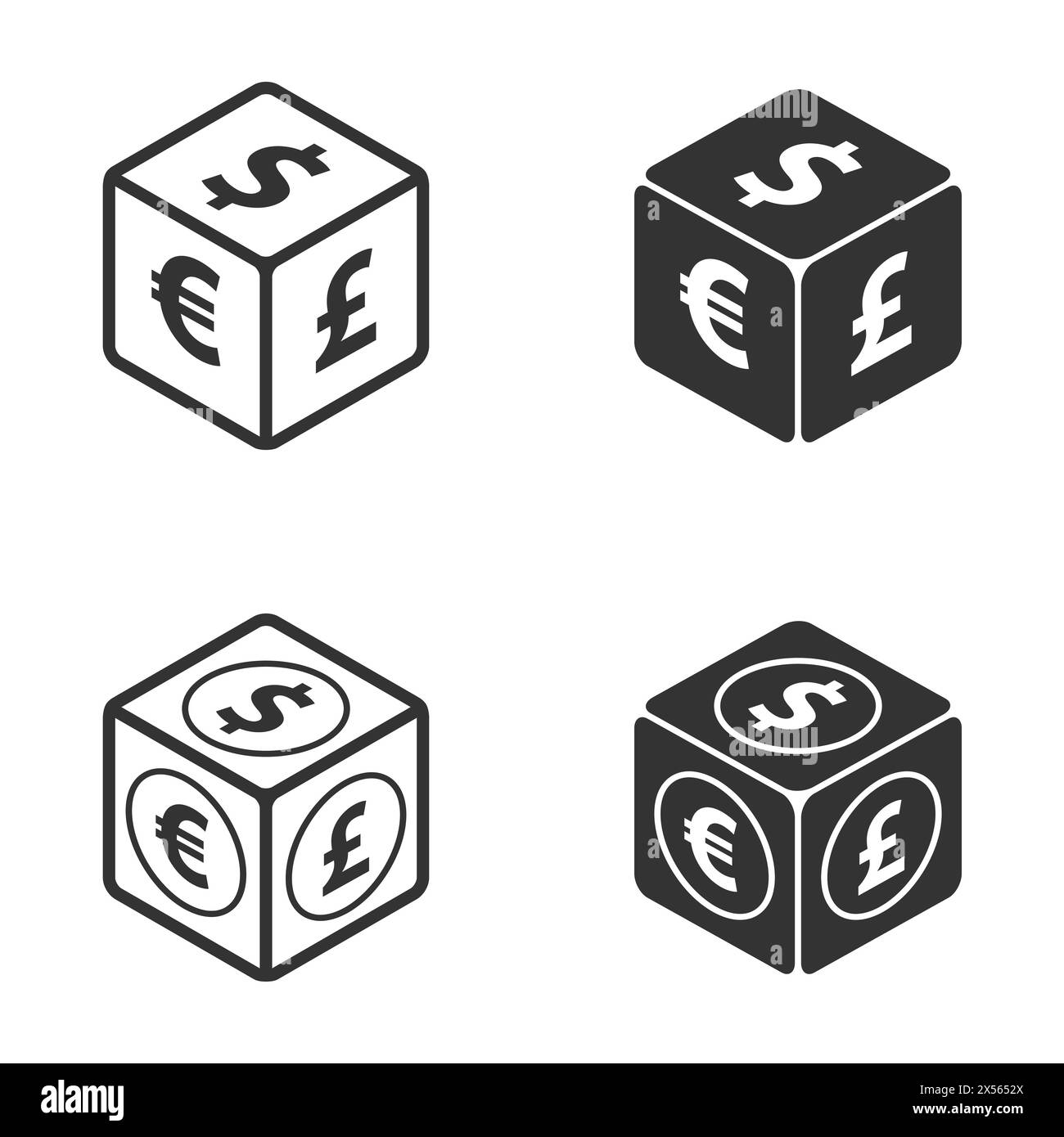 Simboli di cubo e denaro. Icone di dollaro, euro e sterlina sul cubo 3D. Illustrazione vettoriale Illustrazione Vettoriale