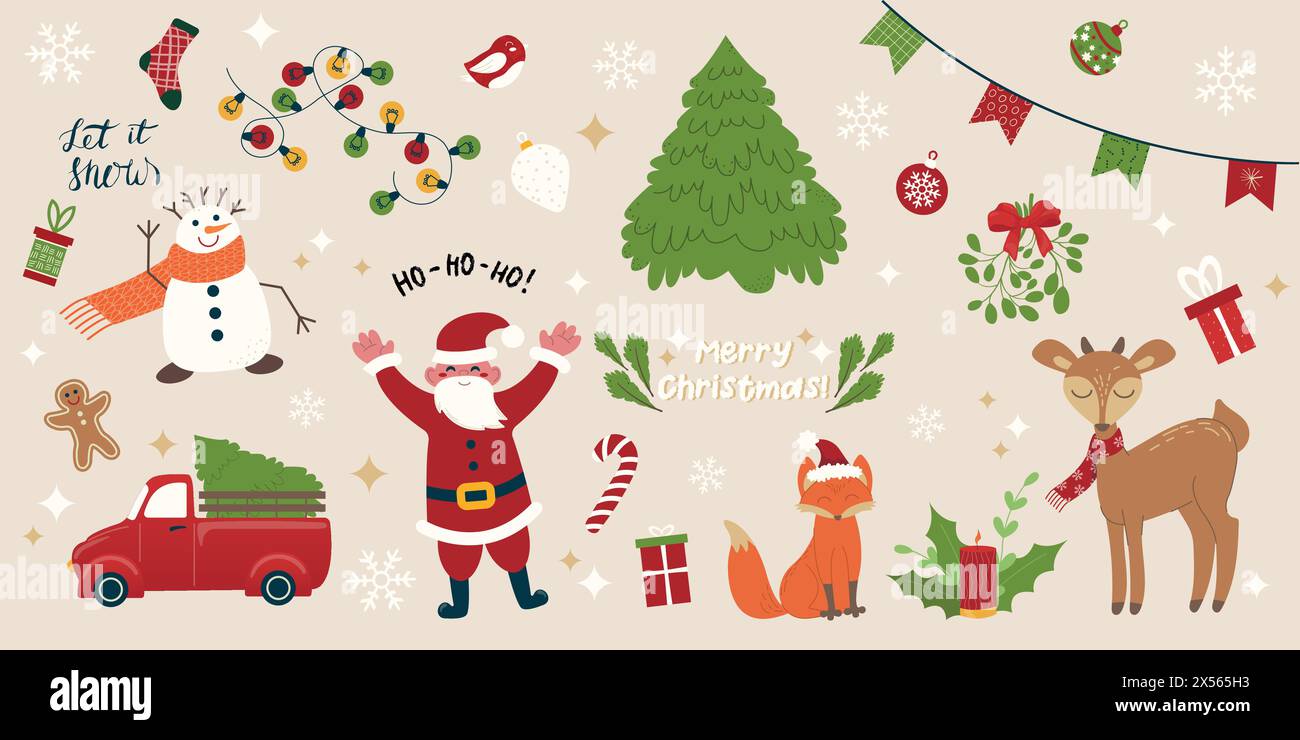 Elementi natalizi con Babbo Natale, volpe, albero di Natale, regali, decorazioni astratte per Natale e Capodanno, palle, uccello, fiocchi di neve, cervi, pupazzo di neve Illustrazione Vettoriale