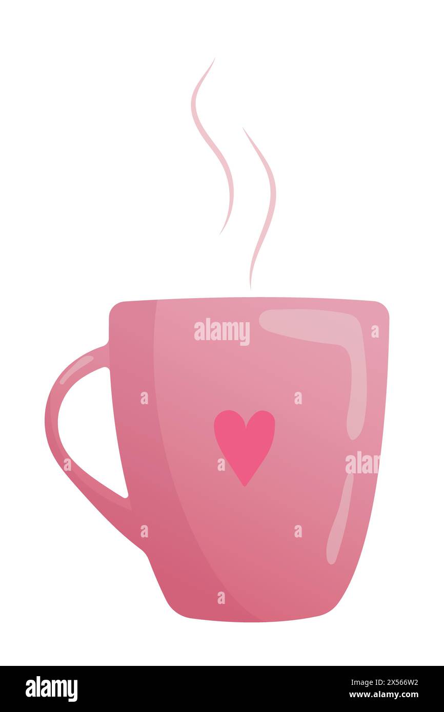 Tazza con etichetta a forma di cuore rosa. Icona piatta isolata su sfondo bianco. Il giorno di San Valentino. Illustrazione vettoriale in stile piatto per il web design, ba Illustrazione Vettoriale