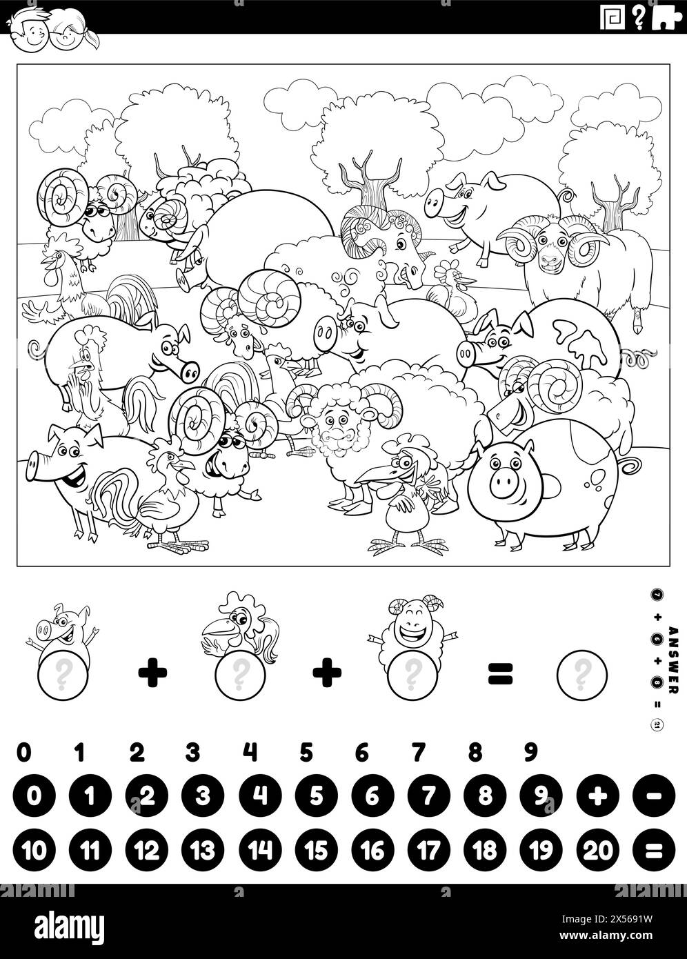 Illustrazione di cartoni animati di conteggio matematico educativo e attività di aggiunta per bambini con pagina di colorazione di animali da fattoria Illustrazione Vettoriale