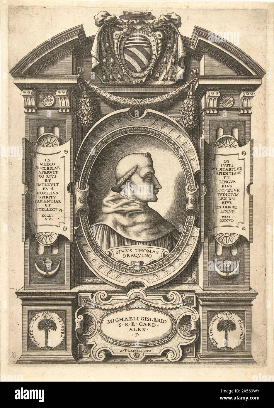 Thomas van Aquino, Jacob Bos, na ca. 1557 - 1566 - Ritratto di Tommaso d'Aquino. Medaglione ovale con busto a destra. Il filosofo scolastico Tommaso d'Aquino indossa l'abitudine di un monaco. Due cartigli a sinistra e a destra del ritratto con iscrizioni latine. Uno stemma in cima. In fondo un cartiglio con una dedica al Cardinale Michael Ghisleri. Foto Stock