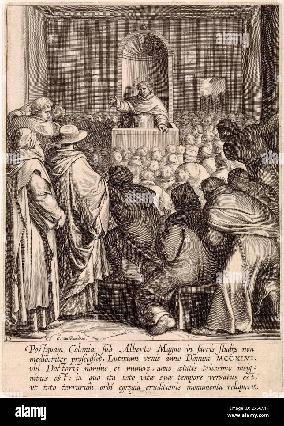 Sermone di Tommaso d'Aquino a Parigi, Egbert van Panderen, dopo otto van Veen, 1610 - Tommaso d'Aquino predica un sermone a Parigi, dove fu inviato nel 1246 e divenne allievo del filosofo tedesco Albertus Magnus. Tommaso d'Aquino predica a un grande gruppo di monaci. Nel margine una didascalia di cinque righe in latino. Foto Stock