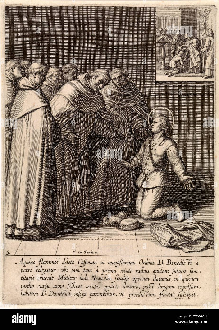Tommaso d'Aquino si unisce all'ordine domenicano, Egbert van Panderen, dopo otto van Veen, 1610- interno con il giovane Tommaso d'Aquino inginocchiato davanti a un gruppo di monaci in costume domenicano. Sullo sfondo una scena in cui gli viene messo un mantello. Nel margine una didascalia di cinque righe in latino. Quinta stampa da una serie di trenta stampe che raffigurano la storia della vita di Tommaso d'Aquino. Foto Stock