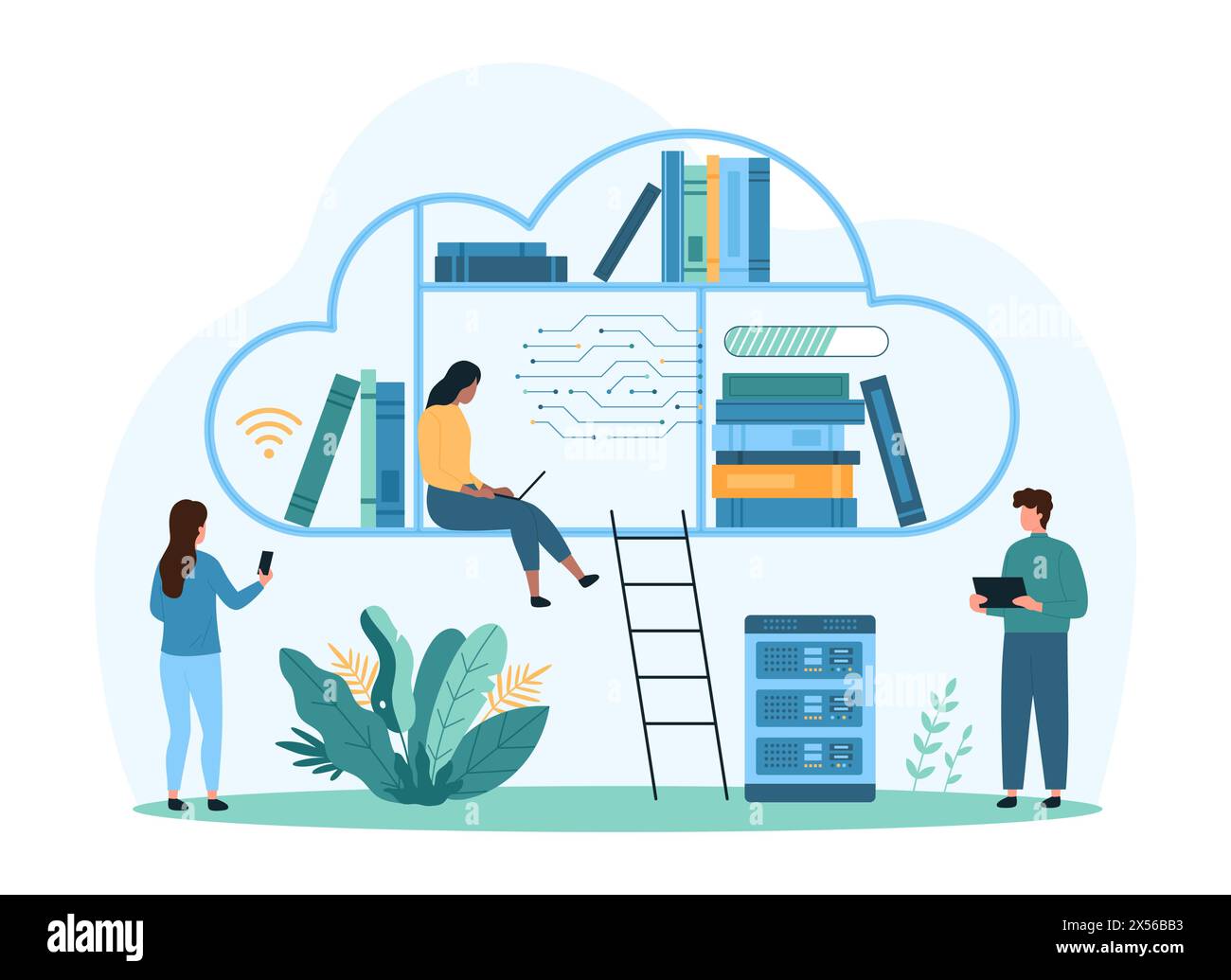 Libreria cloud con libri digitali per la formazione e l'istruzione a distanza. Le persone più piccole si connettono alla piattaforma online e scaricano file di dati, gli studenti imparano a distanza l'illustrazione vettoriale dei cartoni animati Illustrazione Vettoriale